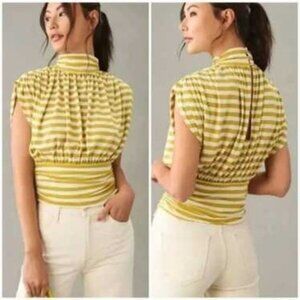 Anthropologie Maeve Small Ruched Mock-Neck Yellow White Striped Tee Nautical